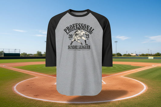 Gray and black baseball shirt with a printed design on a white background