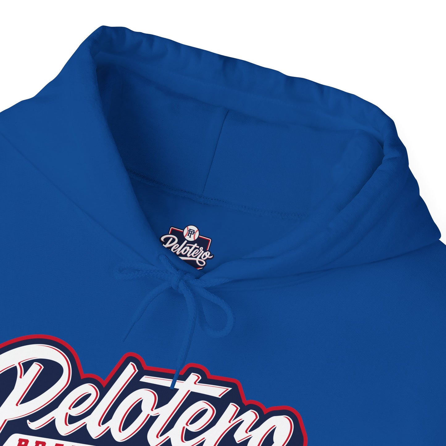 Blue hoodie with 'Pelotero' branding on a white background