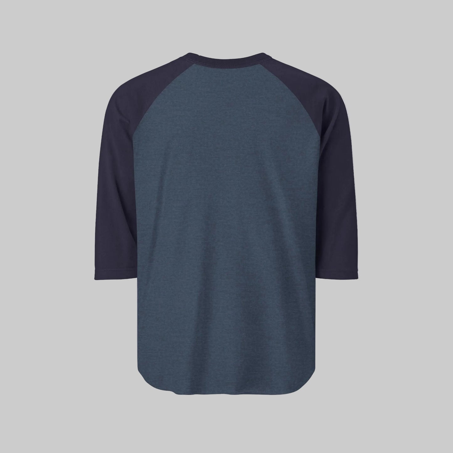 Blue baseball shirt with navy sleeves on a white background