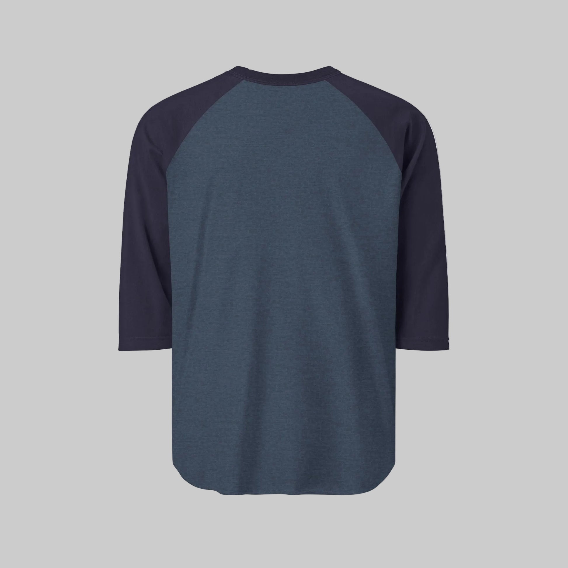 Blue baseball shirt with navy sleeves on a white background
