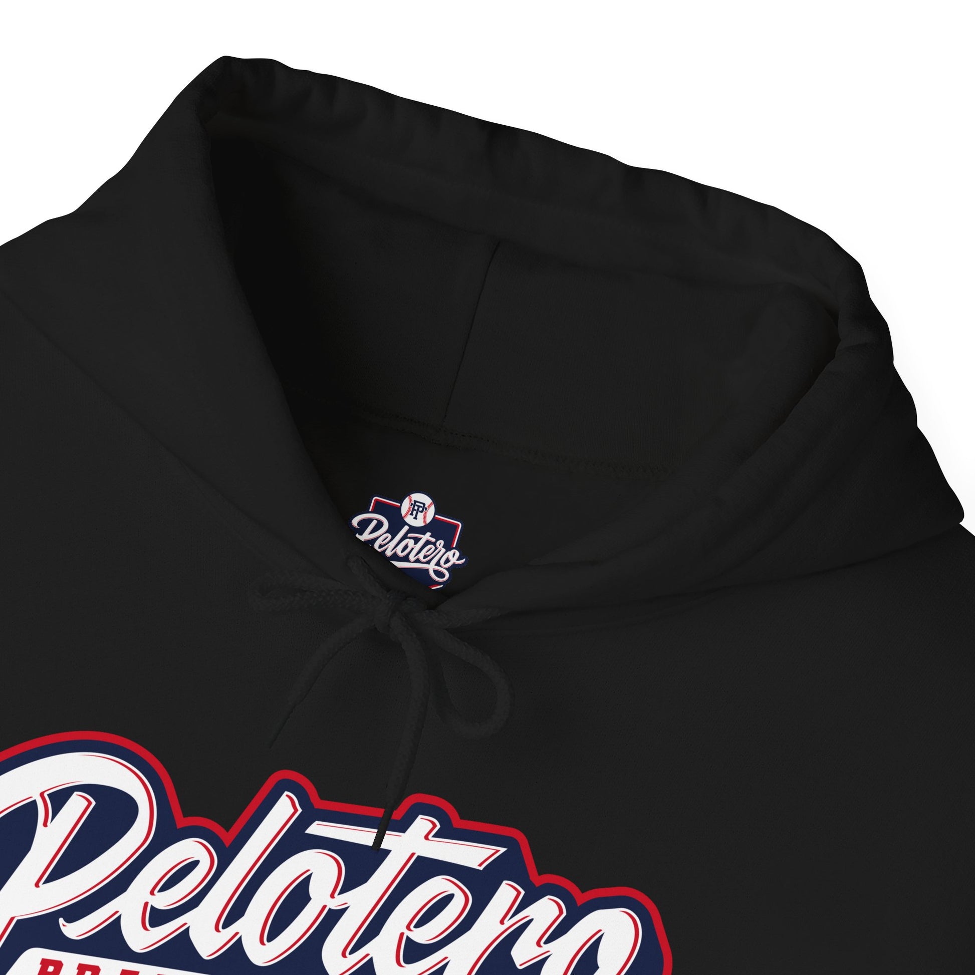 Black hoodie with 'Pelotero' logo on a white background