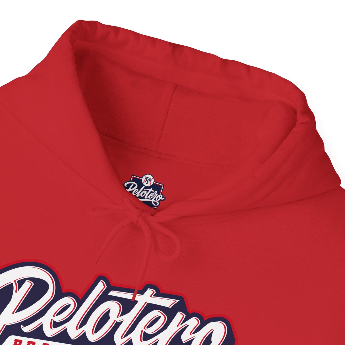 Red hoodie with 'Pelotero' branding on a white background