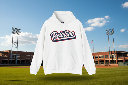 White hoodie with 'Pelotero Brand' logo on a white background