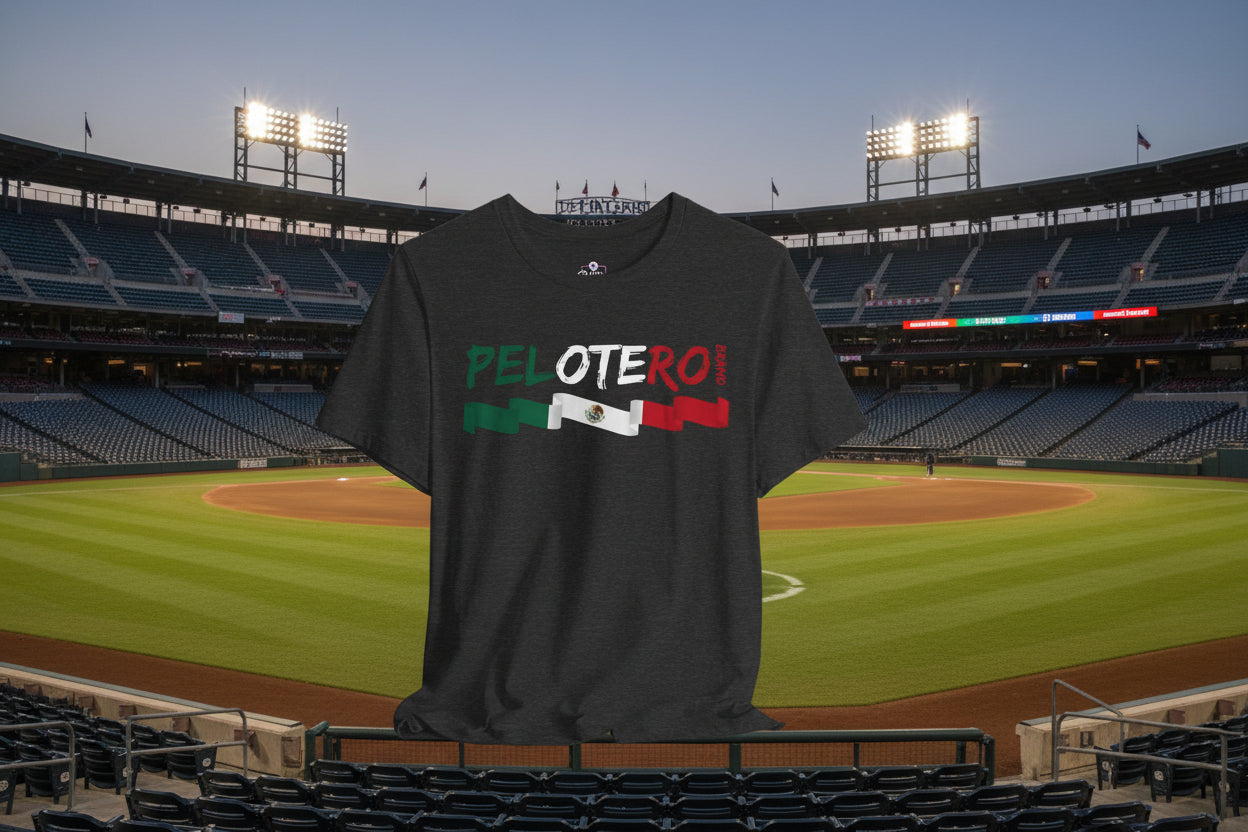 Black t-shirt with 'PELOTERO' design featuring a flag on a gray background