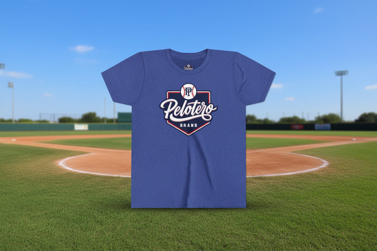 Blue t-shirt with 'Pelotero Brand' logo on a white background