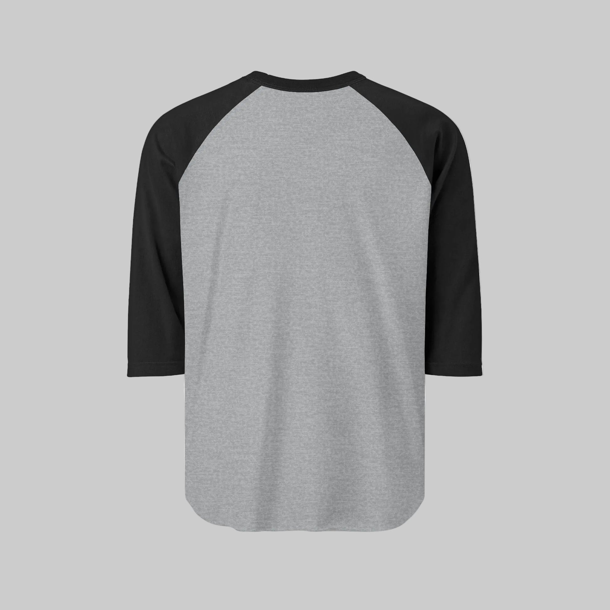 Gray baseball shirt with black sleeves on a white background