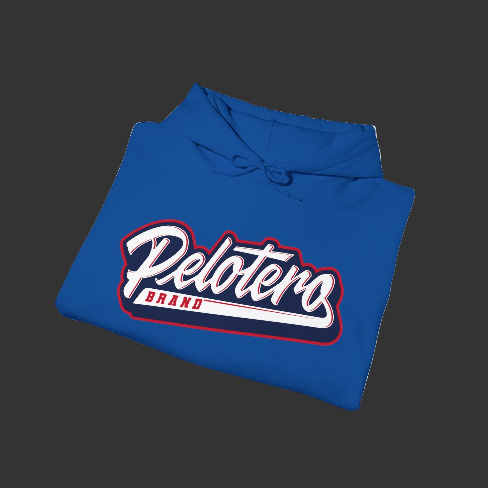 Folded blue hoodie with 'Pelotero Brand' logo on a white background
