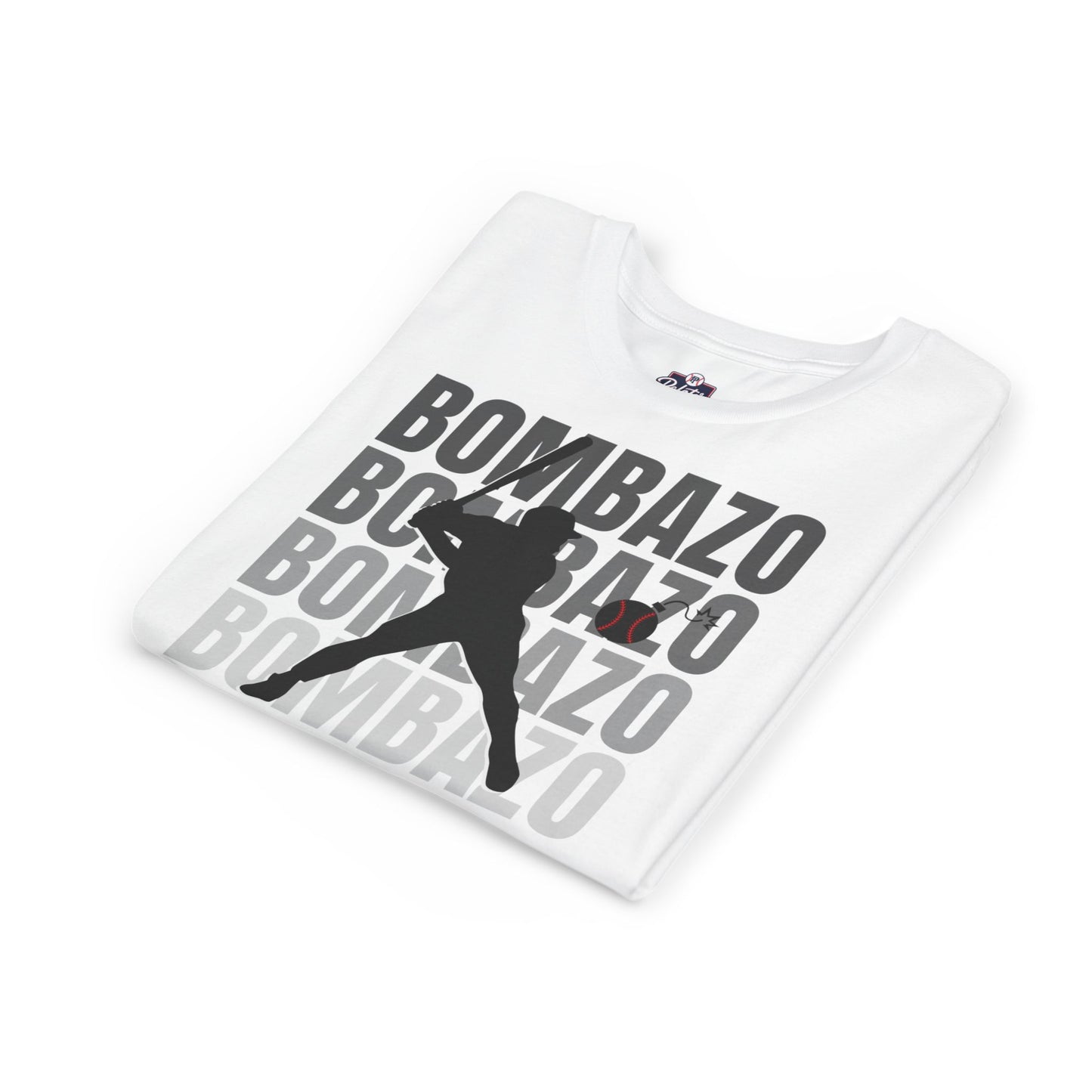 White t-shirt with black silhouette and 'BOMBAZO' text on a white background