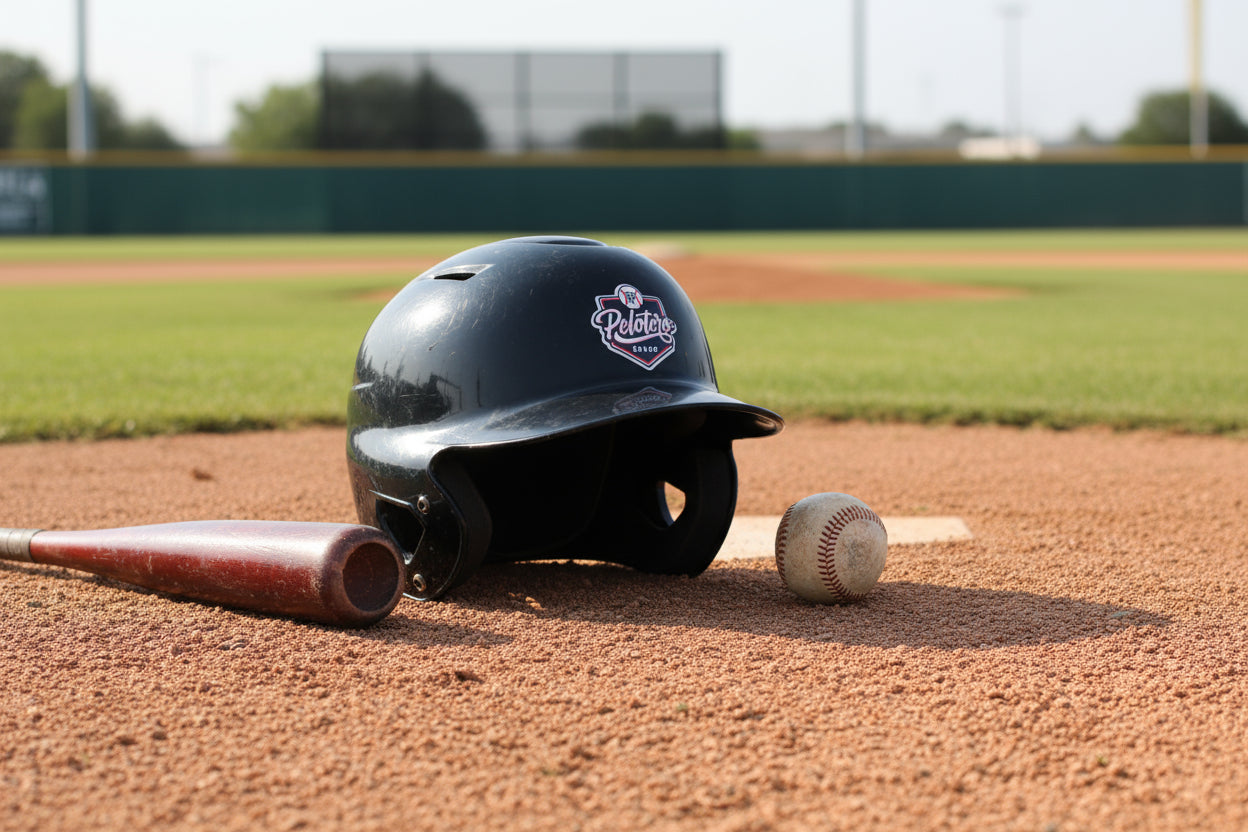 Black baseball helmet with 'Pelotero Brand' logo on a wooden surface.