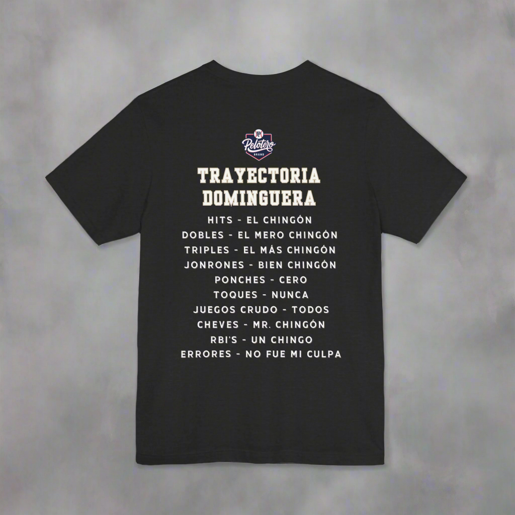 Black t-shirt with white text on the back on a white background
