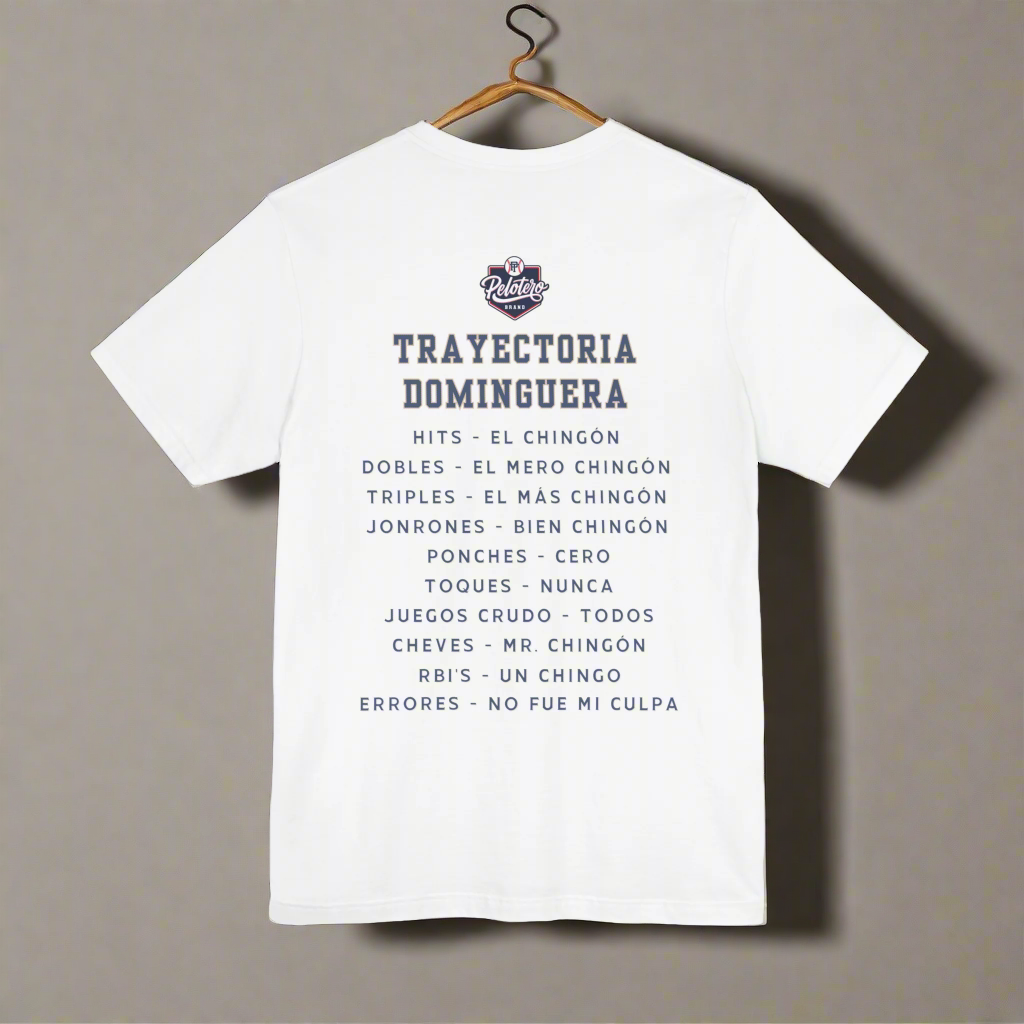 White t-shirt with black text on a white background
