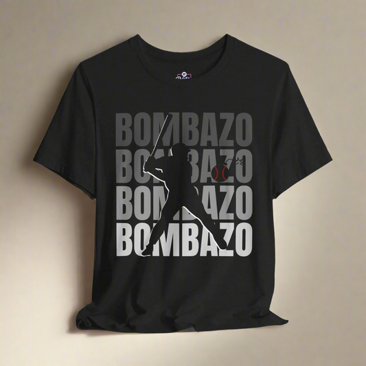 Black t-shirt with 'BOMBAZO' text and graphic on a gray background