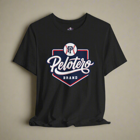 Black t-shirt with 'Pelotero Brand' logo on a gray background
