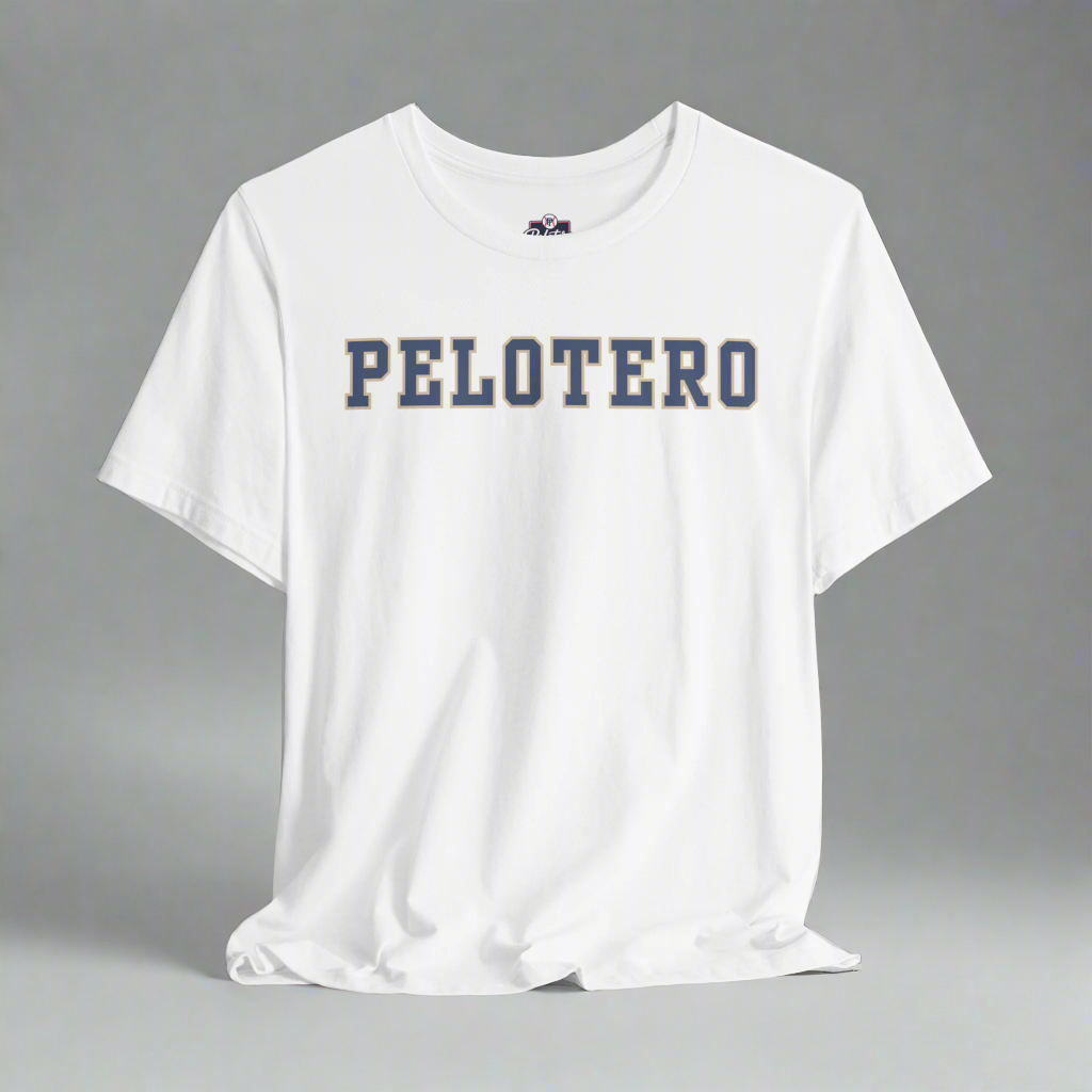 White t-shirt with 'PELOTERO' text on a gray background