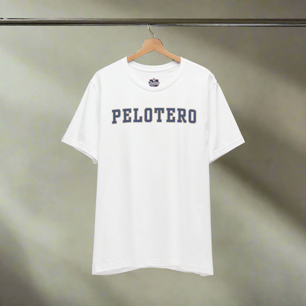 White t-shirt with 'PELOTERO' text on a hanger against a white background