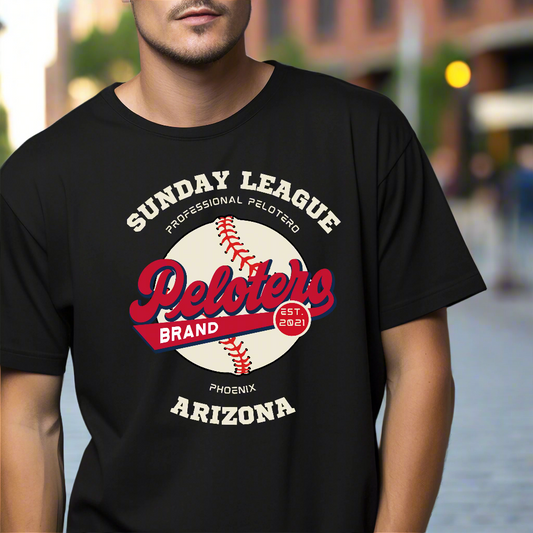 Black t-shirt with 'Sunday League Peloteros' design on a gray background